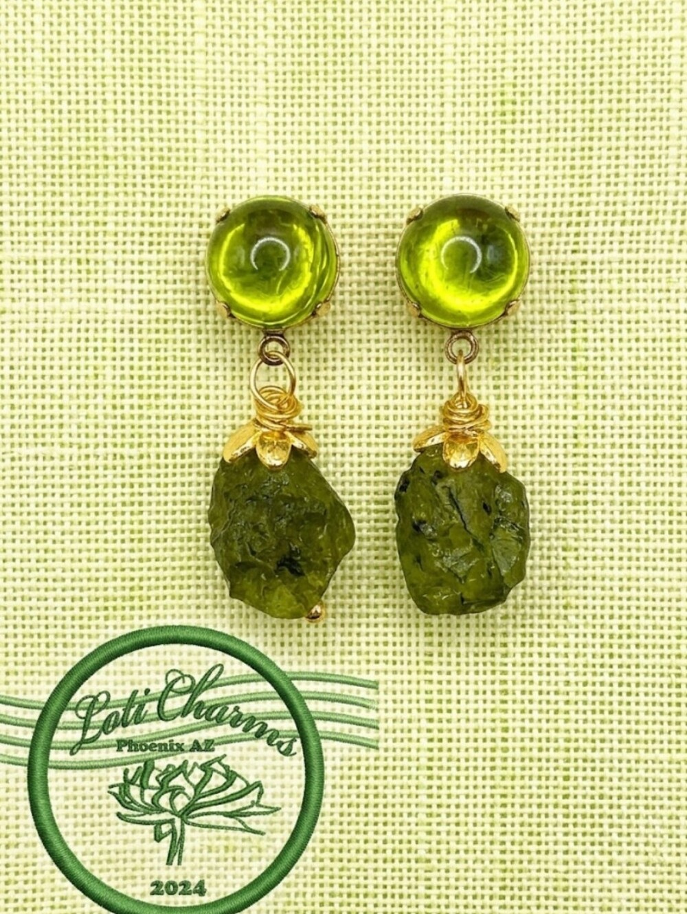 Natural  Peridot Genuine 4 Carats & Rough Peridot In Drop Gold Plated Earrings